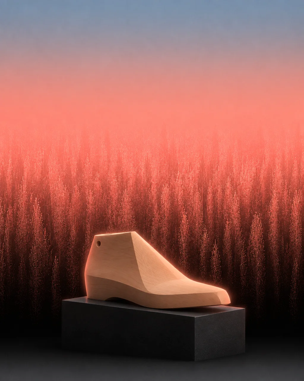 A carved wooden shoe last rests on a dark pedestal before a backdrop of glowing red grass and soft gradient sky.