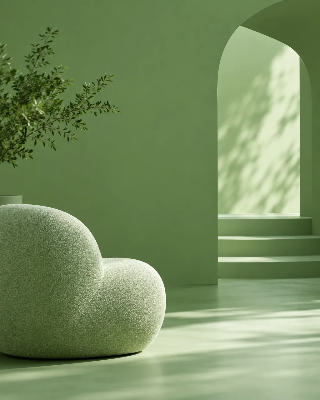 A textured bouclé armchair rests in a minimalist sage green interior beside an arched doorway with dappled leaf shadows.