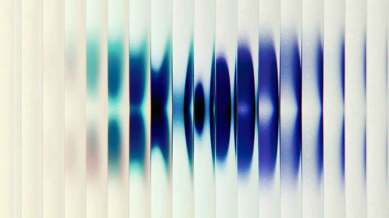 Deep blue and teal gradients distort and refract through frosted vertical fluted glass panels against a pale background.