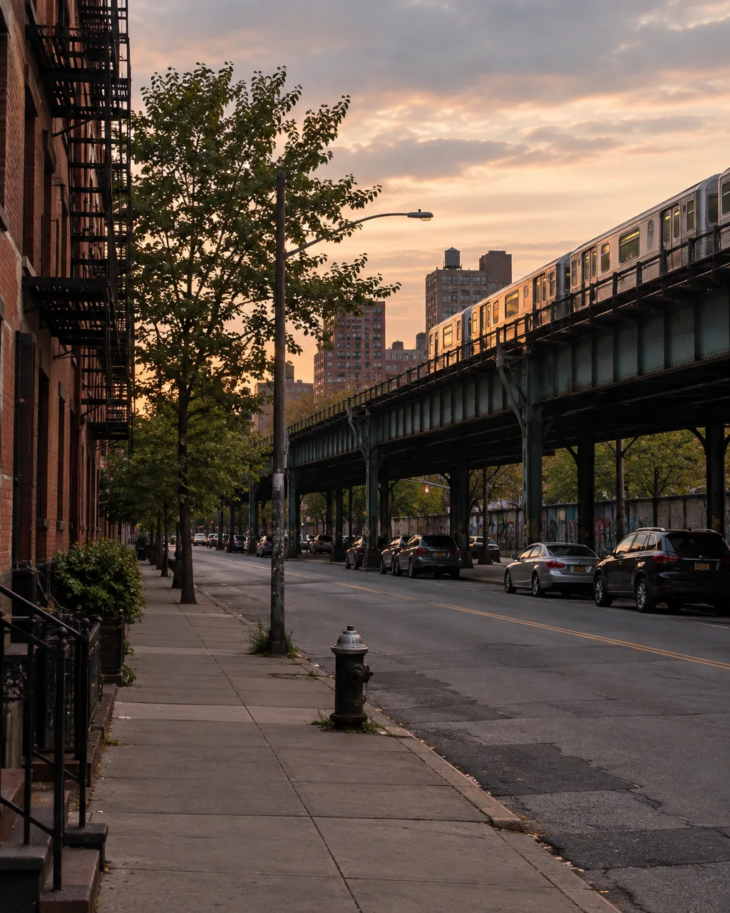 An elevated train passes over a quiet urban avenue flanked by brick apartment buildings and parked cars in soft evening light.