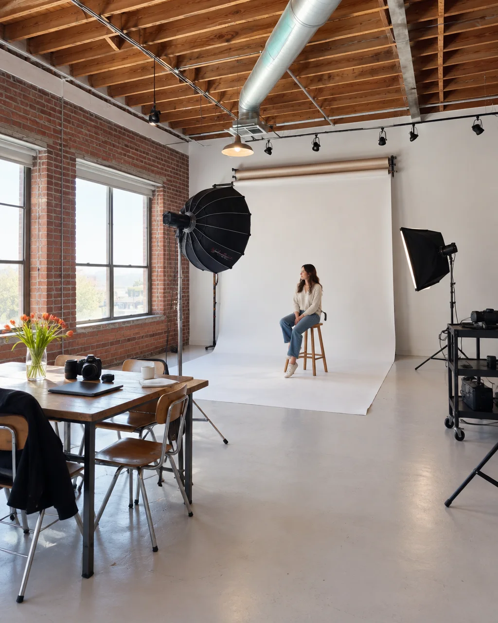 A woman sits on a wooden stool before a white seamless backdrop inside a bright loft photography studio with brick walls and studio lights.