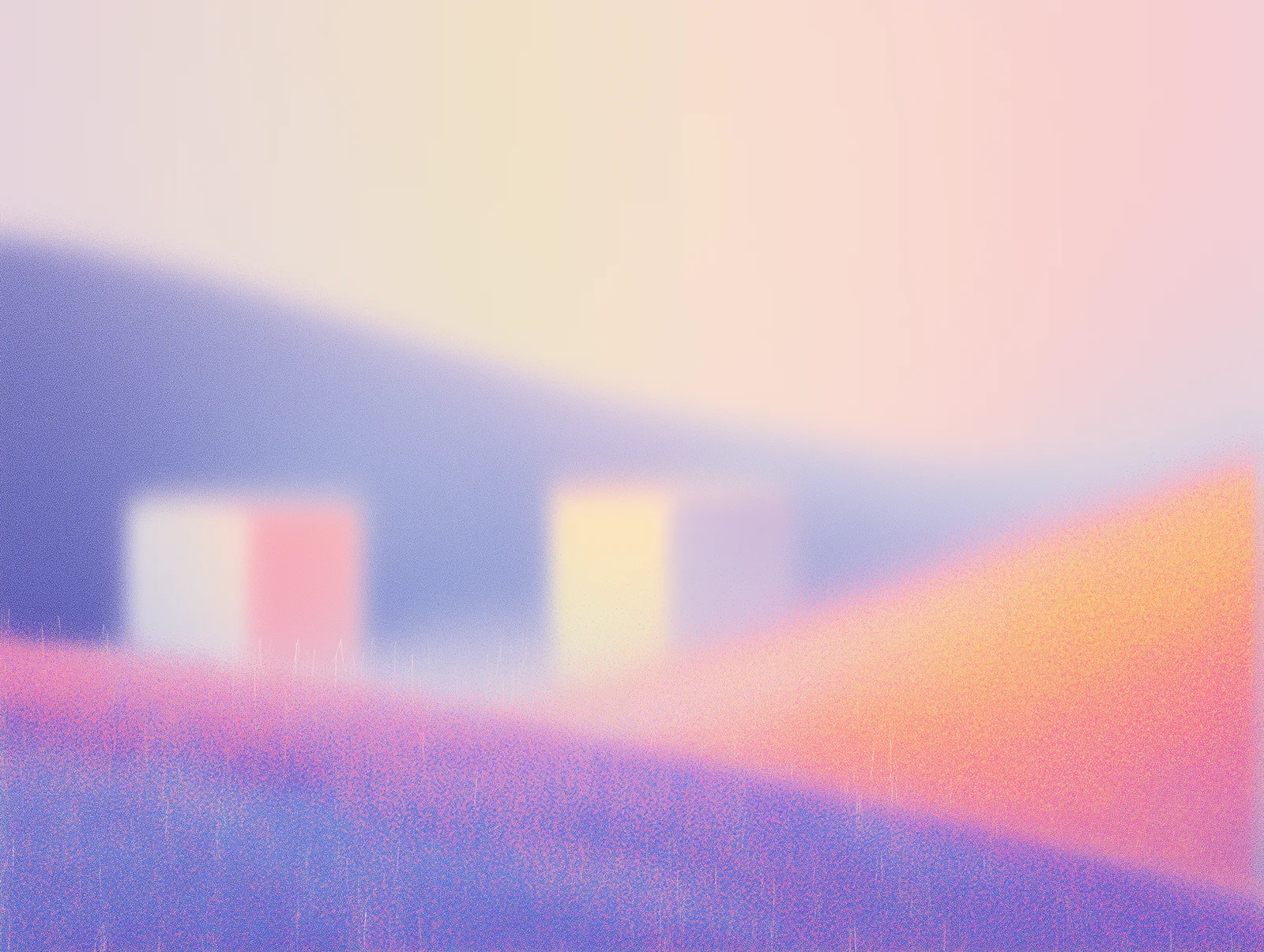 Blurred geometric cubes rest in a softly lit, grainy gradient landscape of lavender, pink, and golden tones.