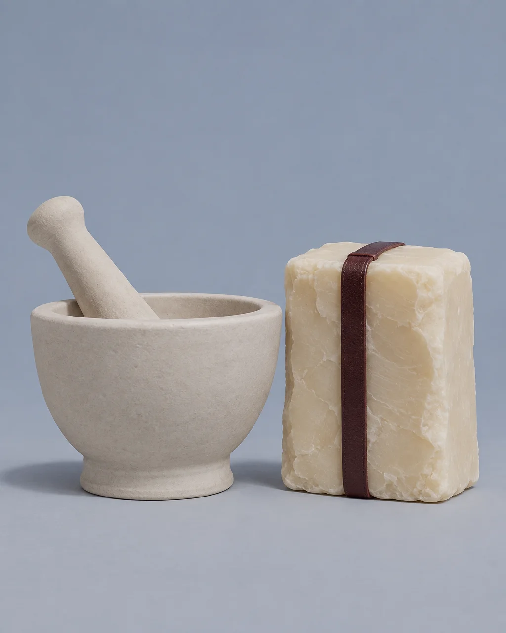 A pale stone mortar and pestle sits beside a textured bar of natural soap wrapped with a leather band, set against a muted blue backdrop.