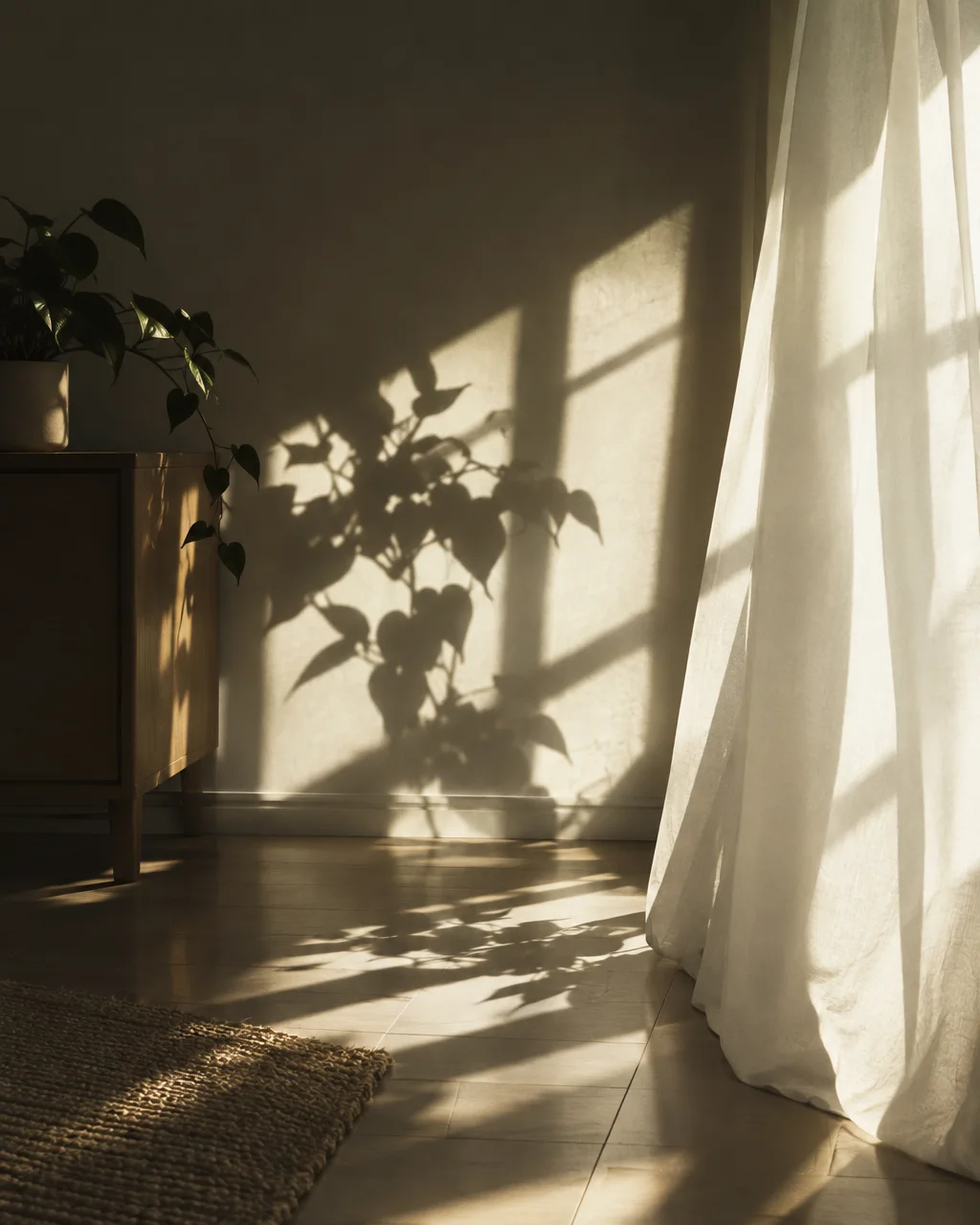 Warm sunlight casts dramatic shadows of a potted houseplant and window frame across a neutral wall beside a sheer white curtain.