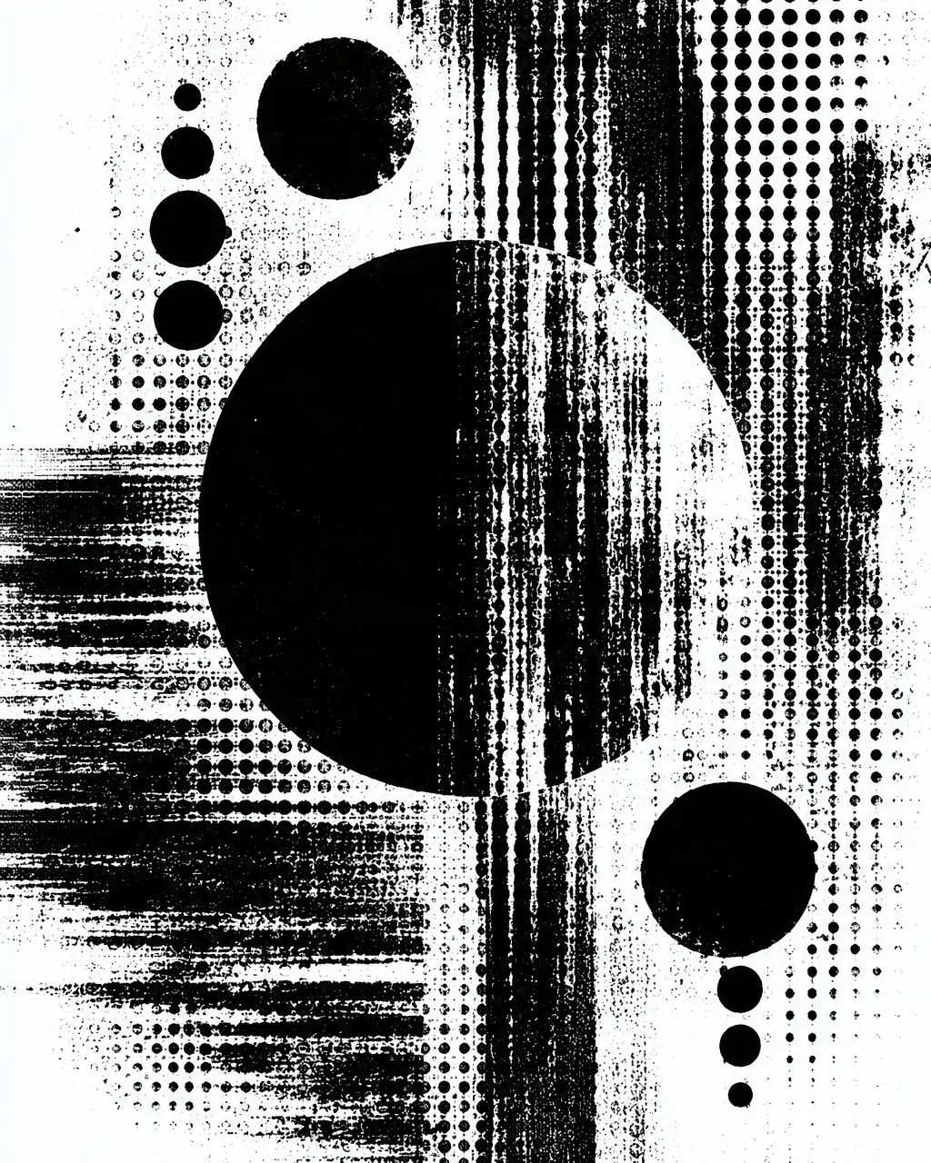 A stark black and white abstract composition of solid circles layered over textured halftone dots and distressed print lines.