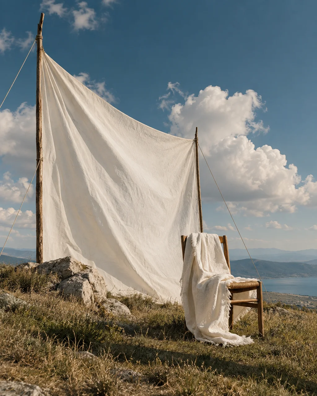 A large white canvas backdrop and a wooden chair draped with a blanket stand on a sunlit hillside overlooking a distant coast.