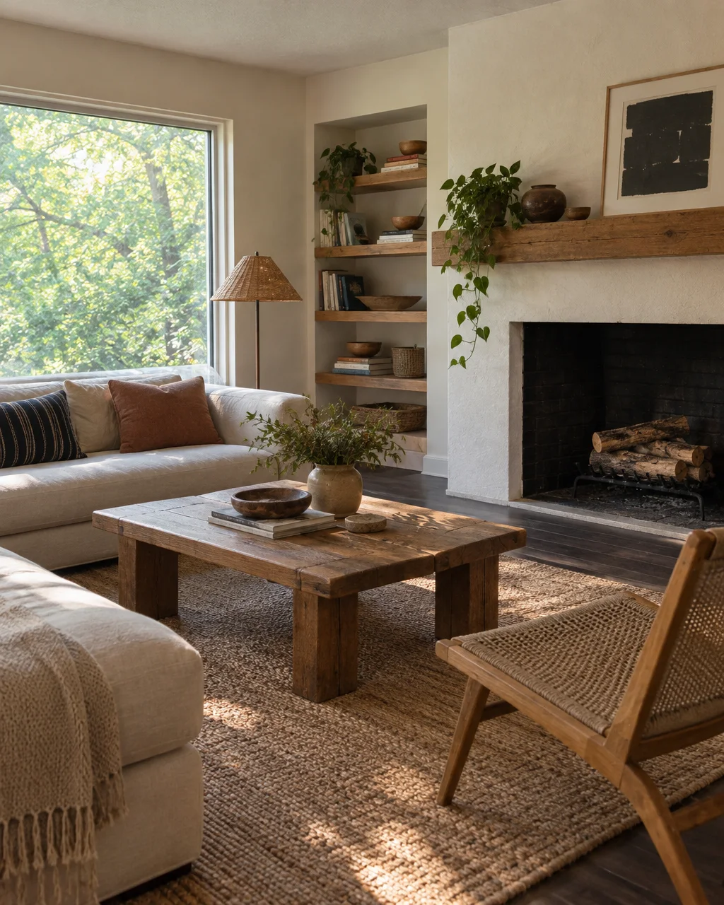 A bright living room decorated in warm earth tones with a rustic wooden coffee table, white fireplace, plush sofa, and large window overlooking trees.