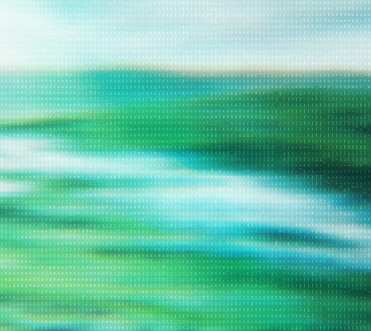 A dense field of white ASCII characters and typography overlaid on a gradient texture of vivid turquoise and forest green.
