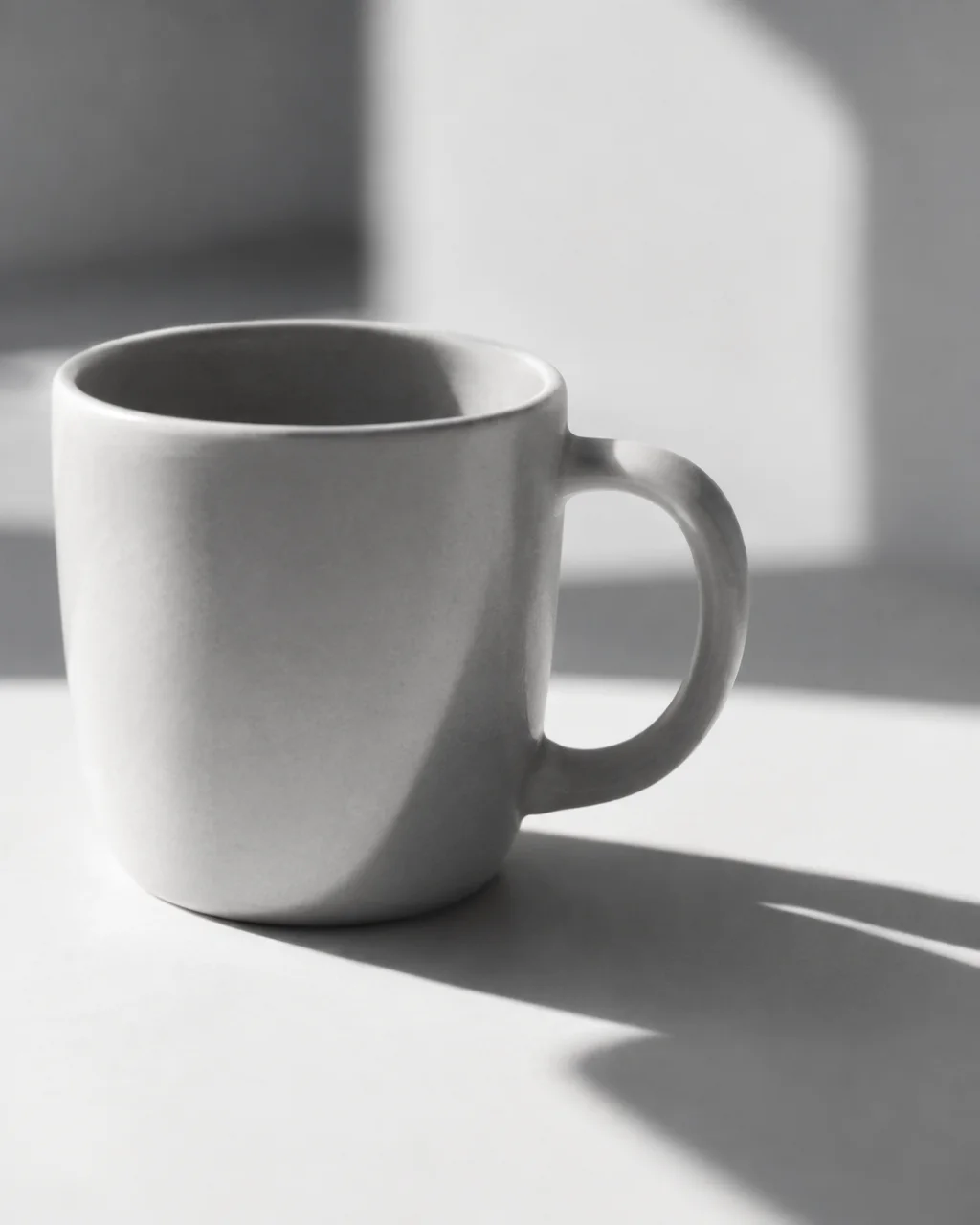 A plain white ceramic mug rests on a pale surface illuminated by bright geometric window light and shadows.