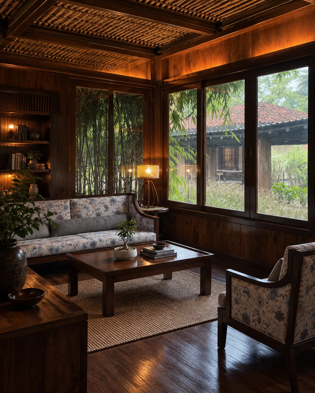 A warm, wood-paneled living room with floral upholstered seating and large glass windows overlooking a lush green bamboo garden.