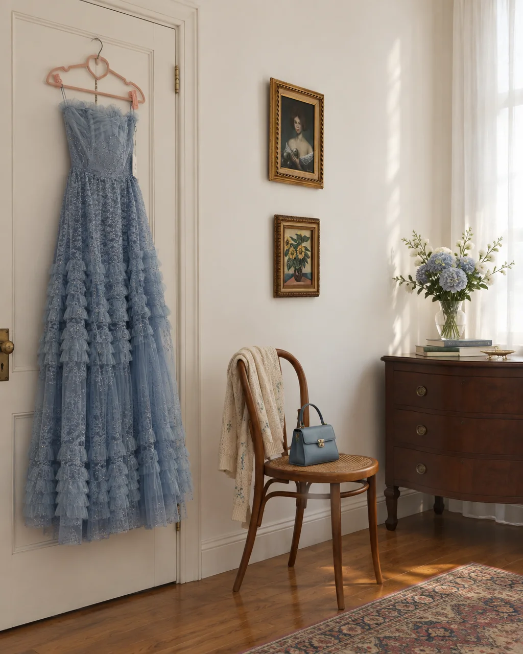 A light blue tiered tulle gown hangs on a white door in an elegant sunlit room beside an antique wooden chair and dresser.