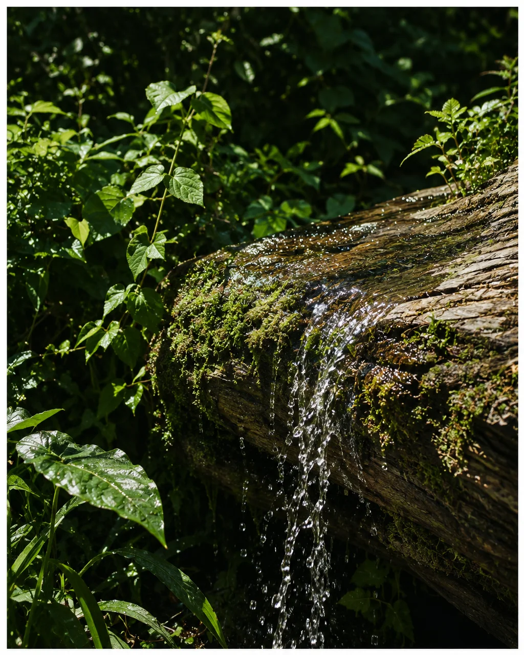 Clear water streams and drips over a moss-covered fallen tree trunk surrounded by lush green forest foliage.
