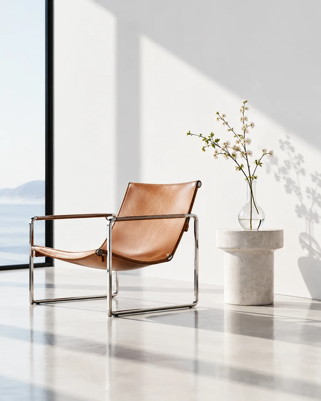 A tan leather lounge chair sits beside a stone pedestal table with flowering branches in a bright, minimalist room facing the sea.