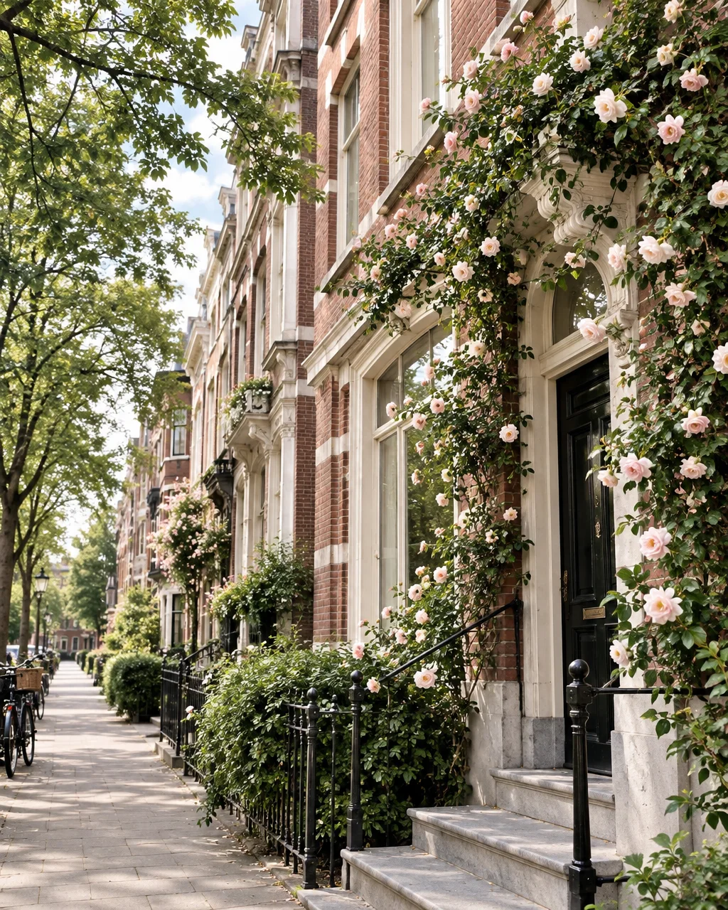 Pink climbing roses framing the elegant entrance of a classic brick townhouse along a quiet tree-lined sidewalk on a sunny day.
