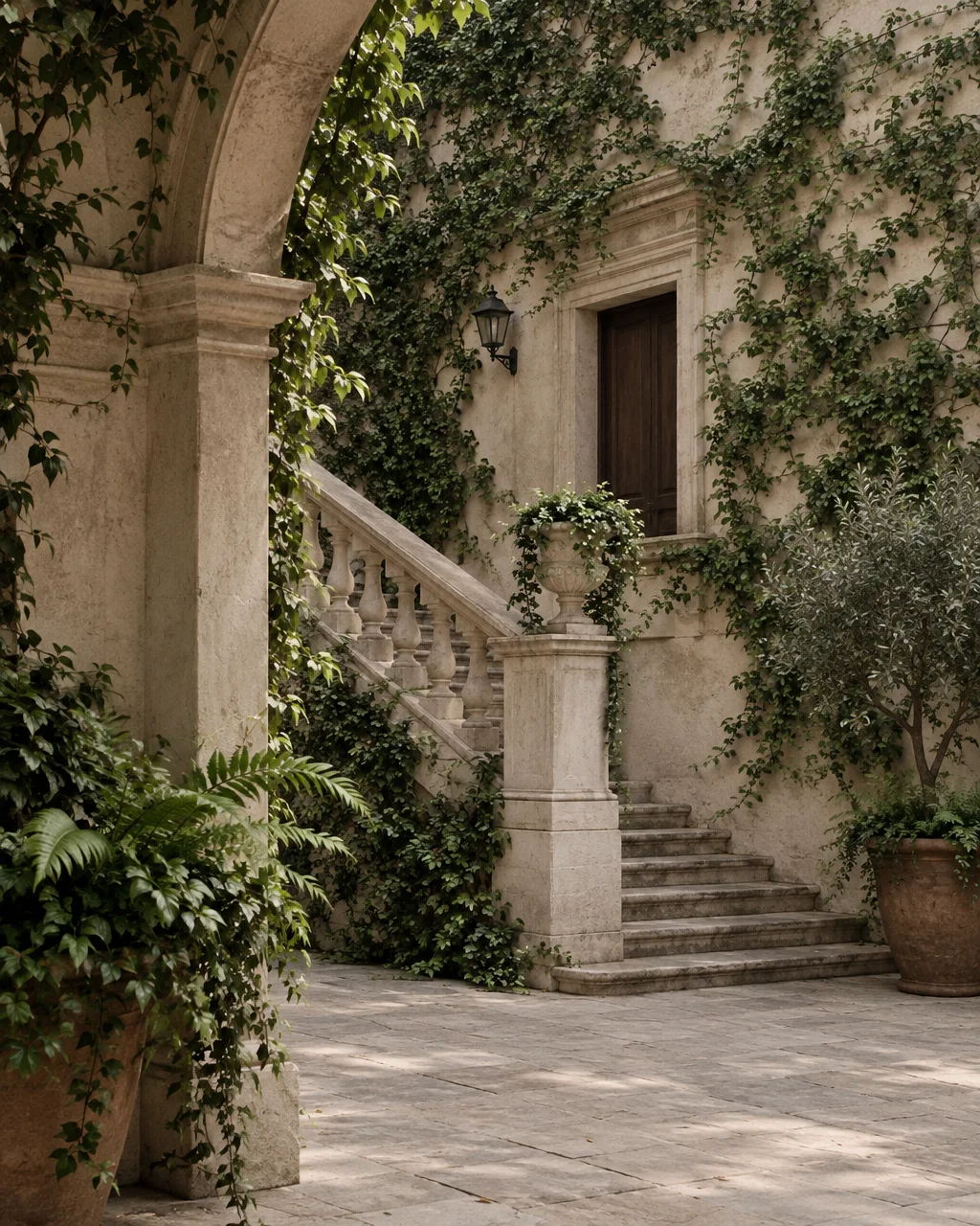 A quiet courtyard framed by an archway, featuring an ivy-clad stone wall, an elegant balustrade staircase, and potted greenery in soft daylight.