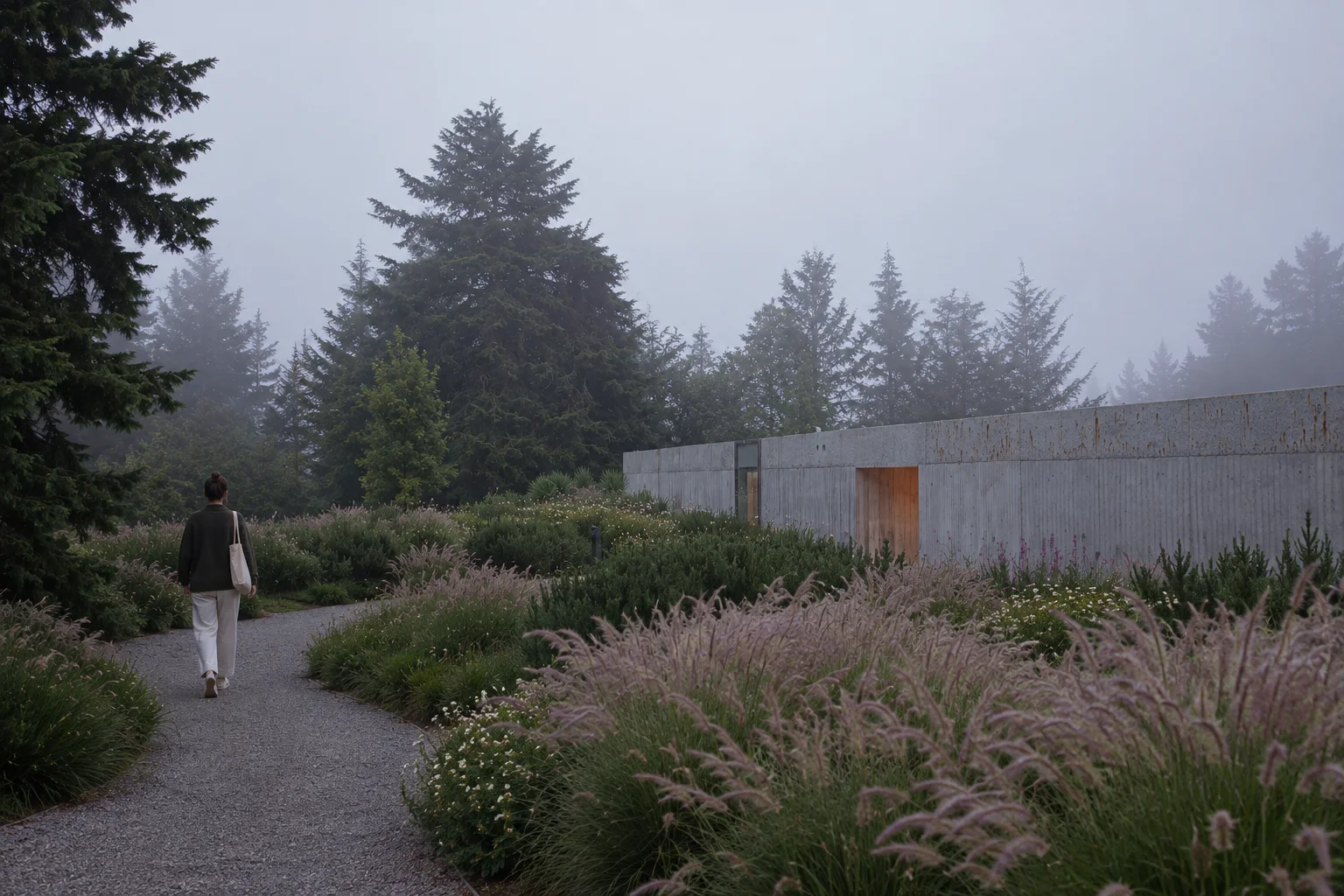 A person walks along a gravel path lined with ornamental grasses toward a minimalist concrete building surrounded by a foggy pine forest.