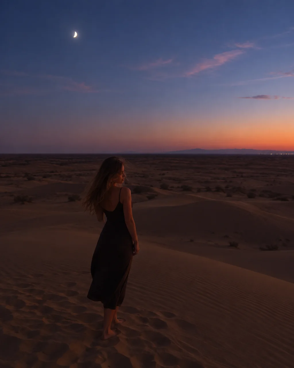 A woman in a dark slip dress stands barefoot on desert sand dunes under a crescent moon at twilight.