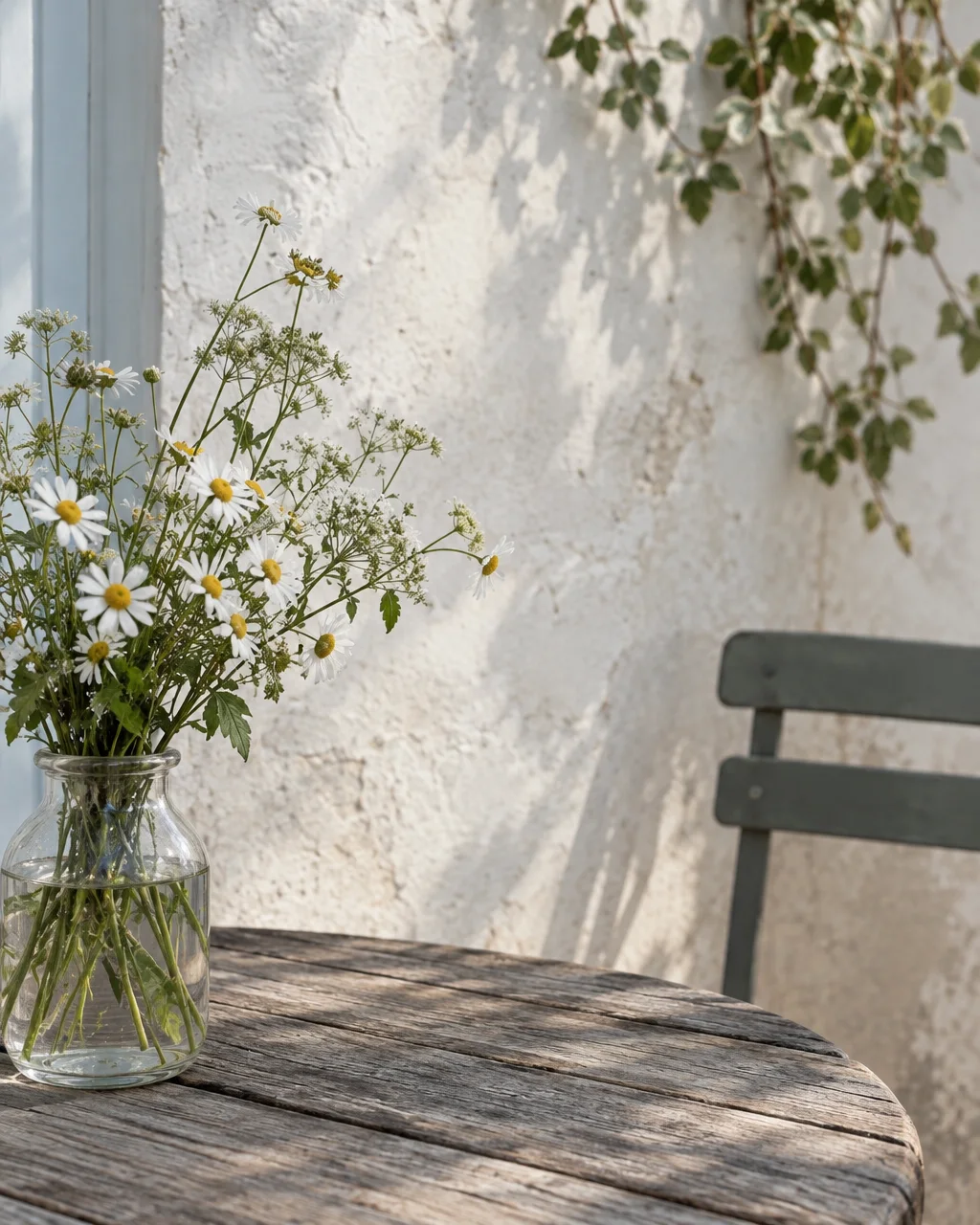 A glass jar filled with wild daisies rests on a rustic wooden table against a sunlit stucco wall.