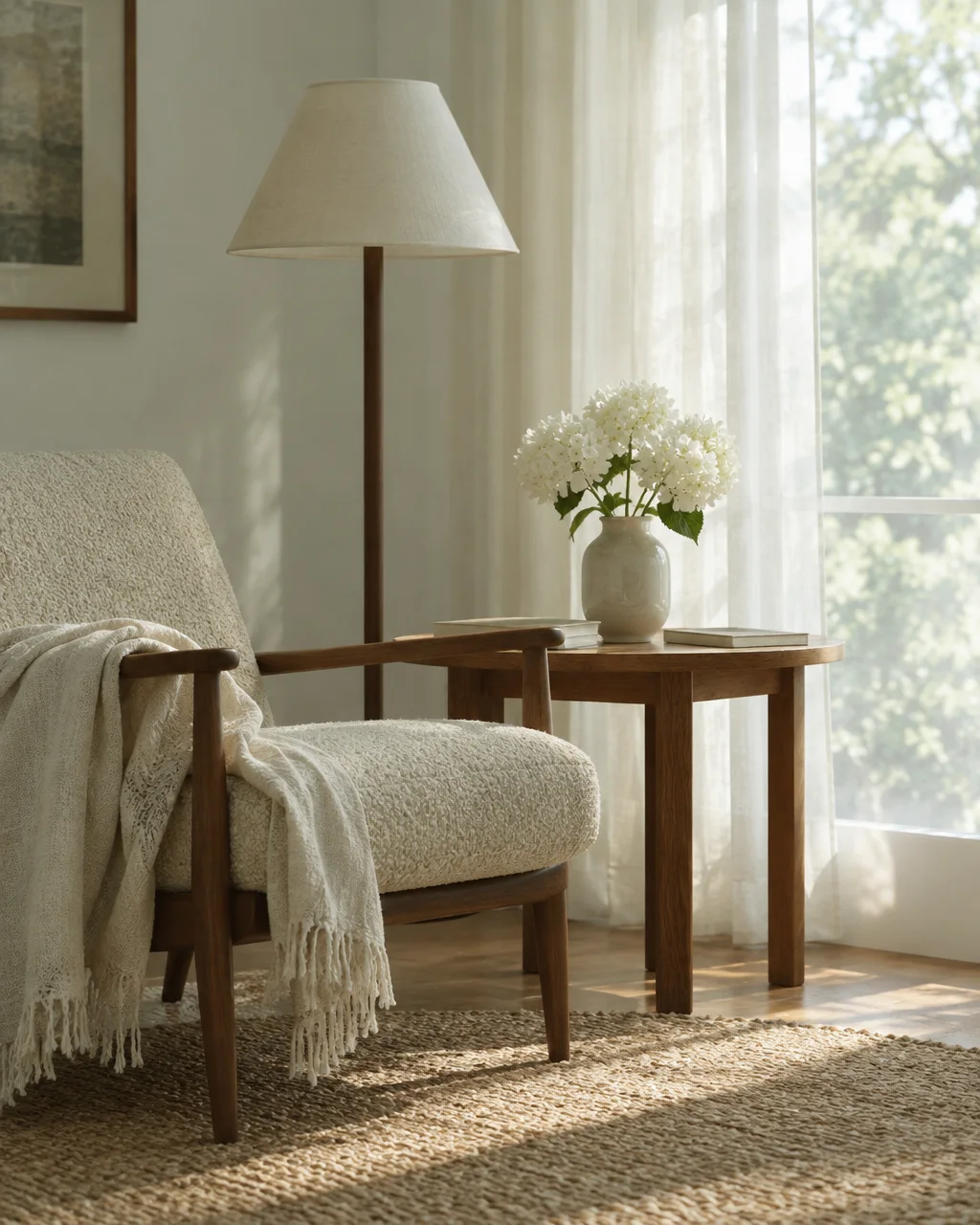 A textured armchair with a fringed throw blanket sits beside a wooden table holding white hydrangeas in soft window light.