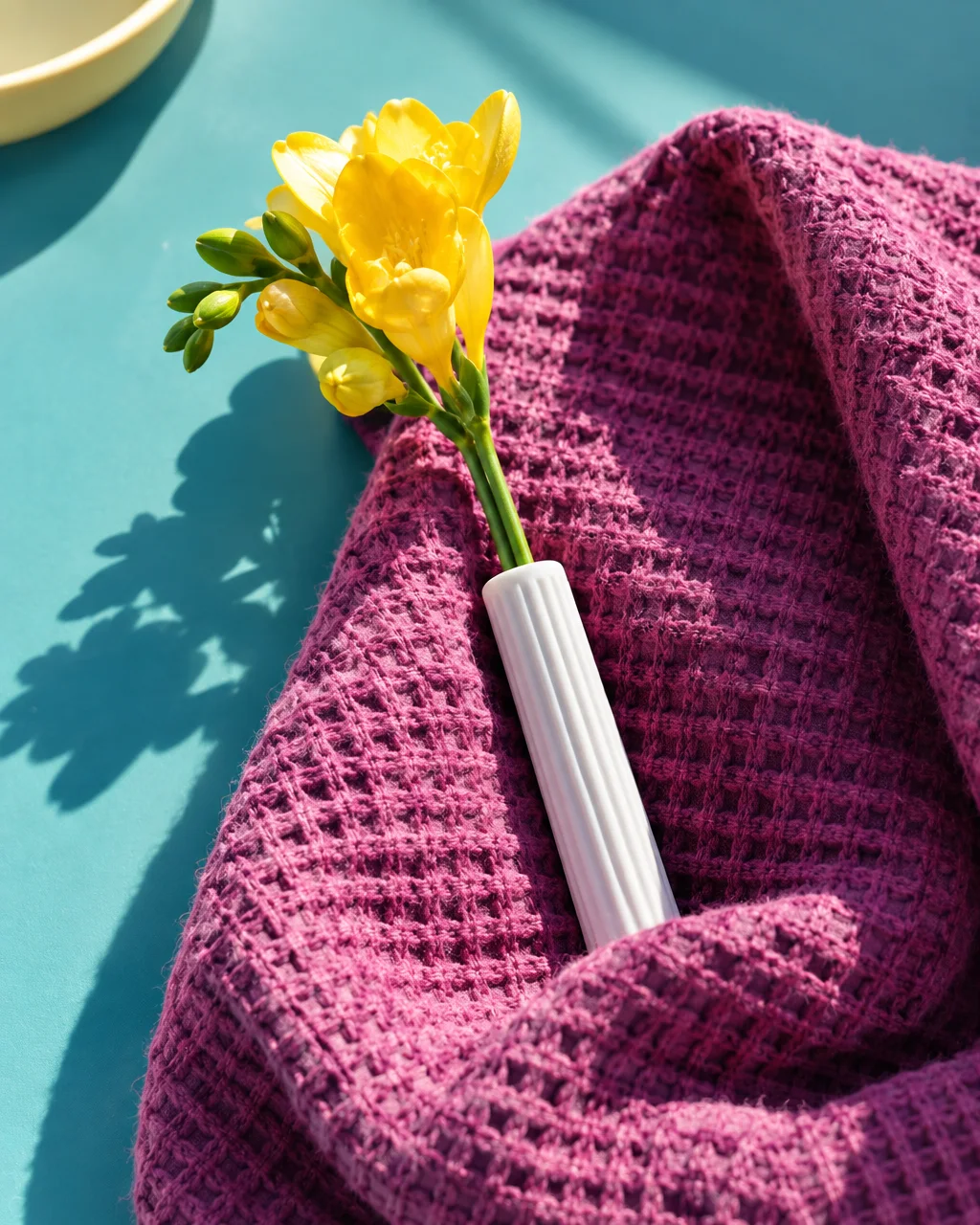 A stem of bright yellow freesia in a small white ceramic vase rests on folded purple waffle-knit textile under direct sunlight.