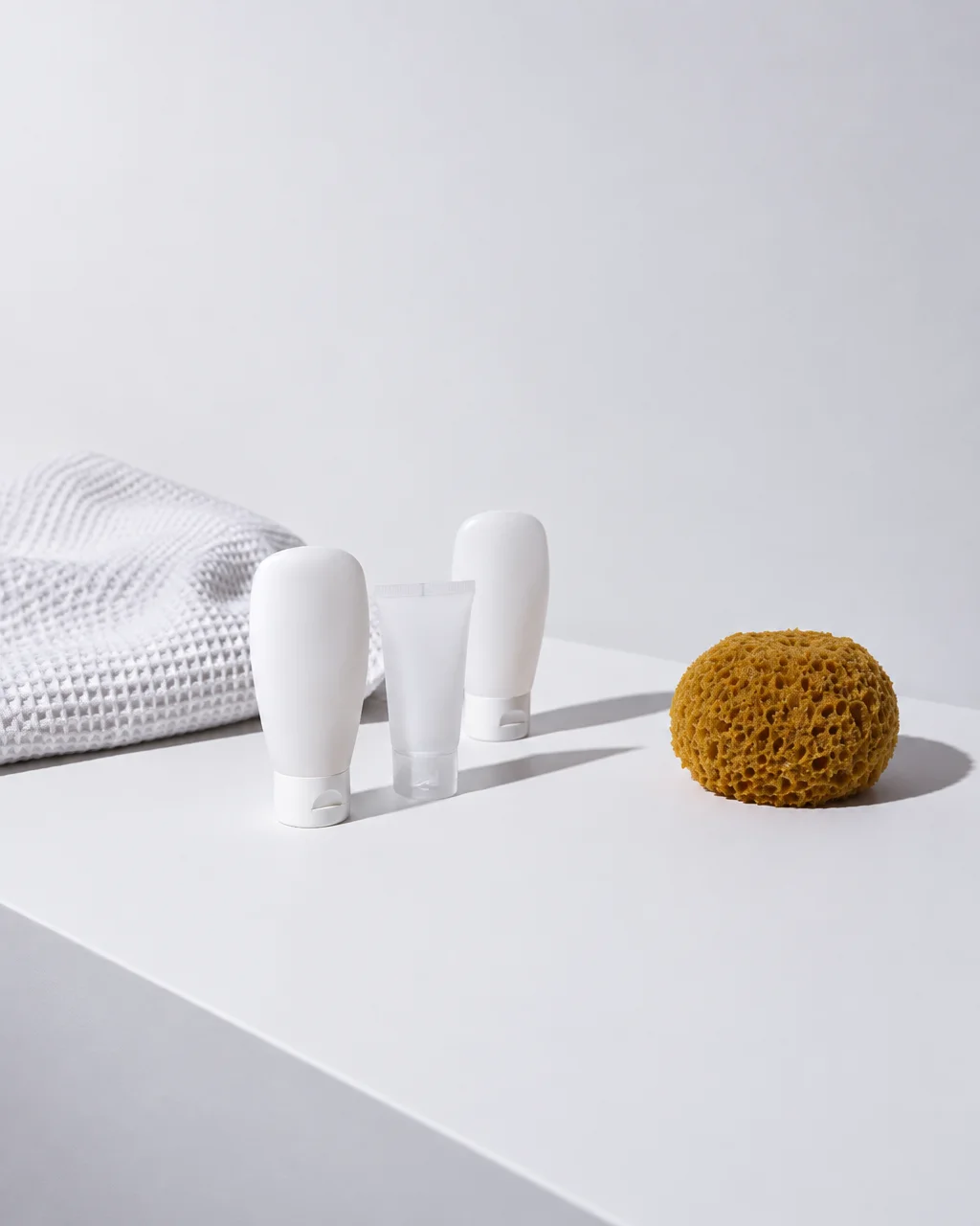 Blank white cosmetic bottles, a natural sea sponge, and a textured towel arranged cleanly against a minimal white background.
