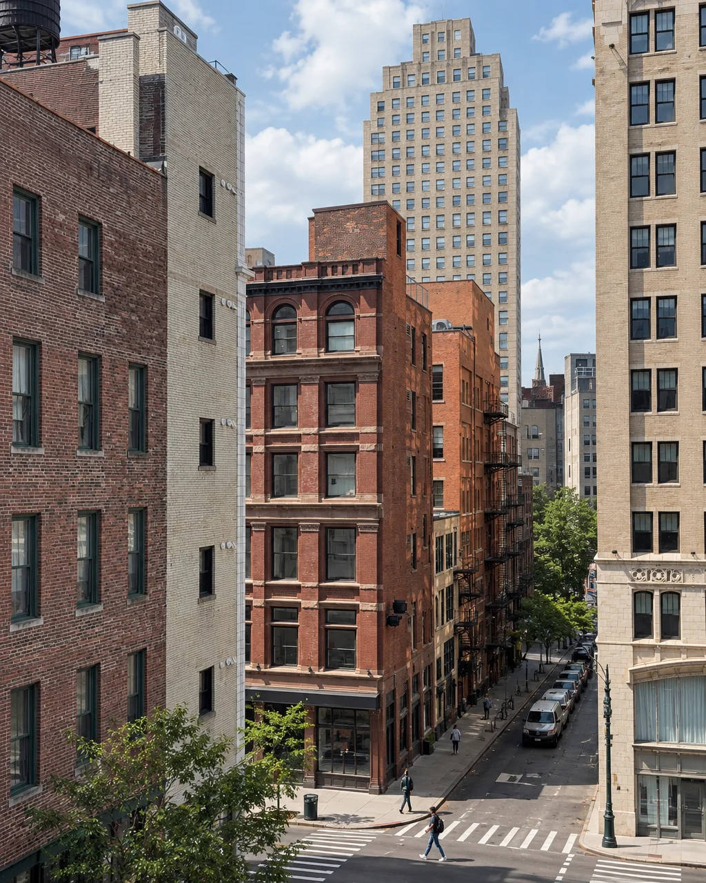 An elevated perspective down an urban street framed by classic multistory brick facades beneath a tall skyscraper on a clear day.