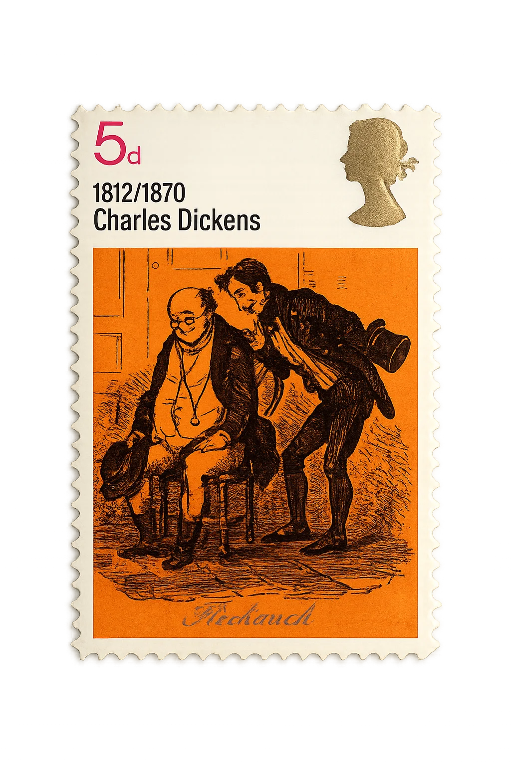 A vintage postage stamp on a white background, featuring a classical black ink character illustration over a bright orange field.