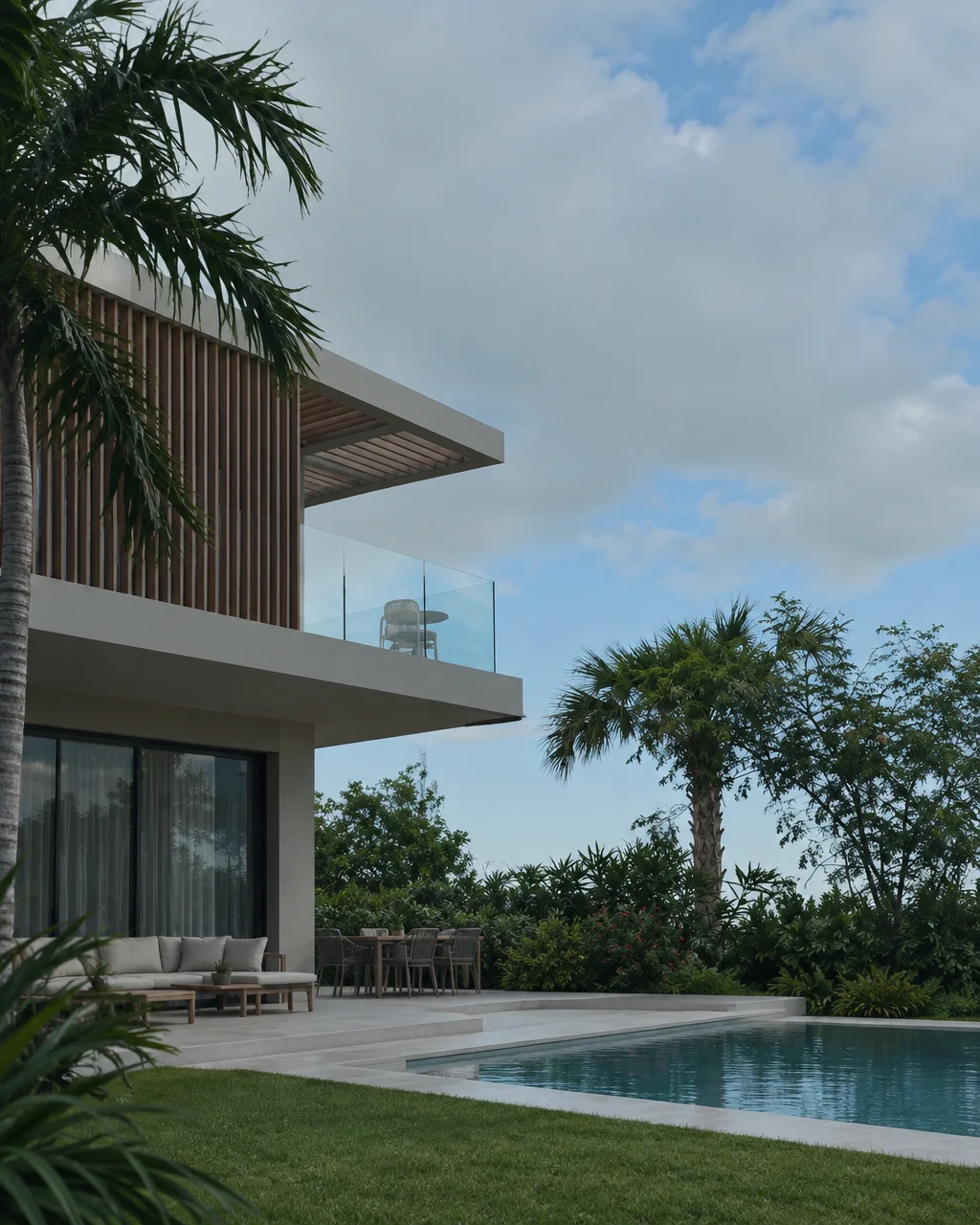 A contemporary villa with wood louvers and a glass balcony overlooks a swimming pool and lush tropical terrace.