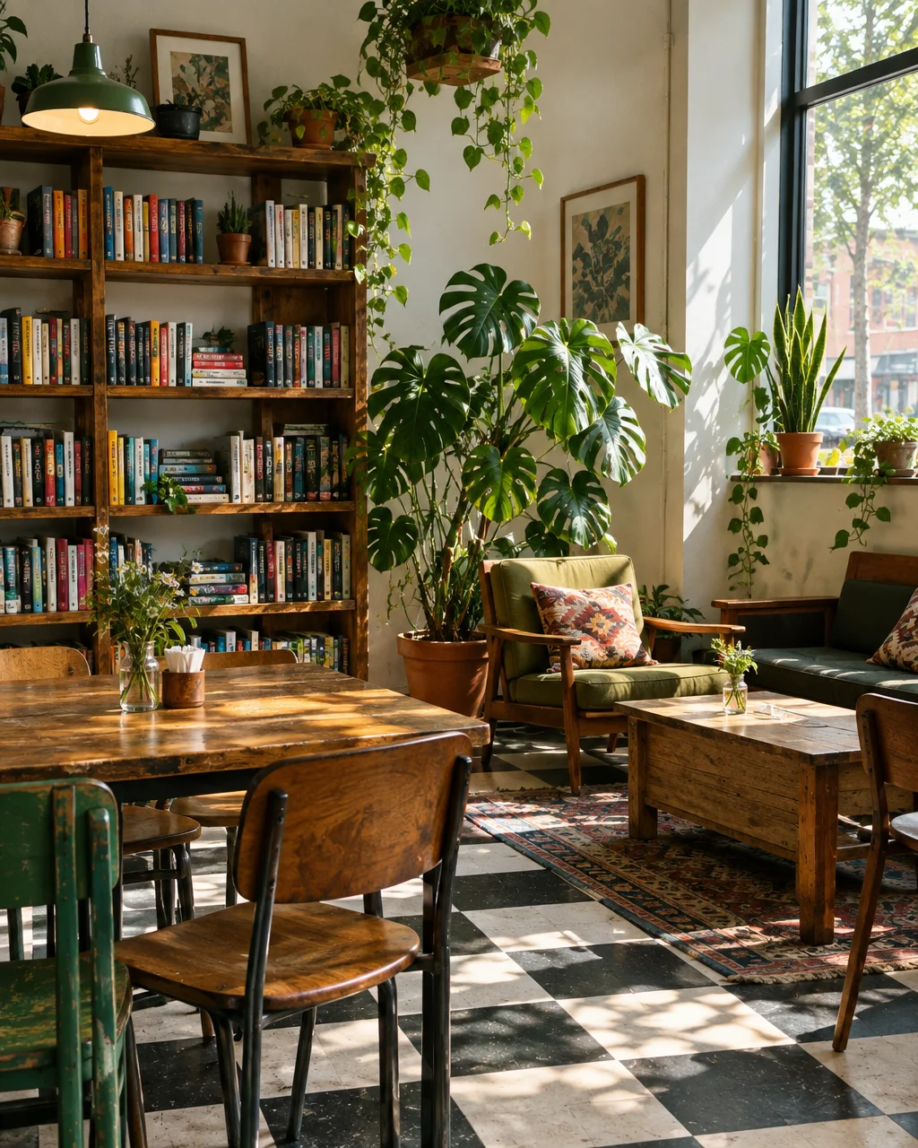 Sunlight filters across a checkered floor, illuminating vintage wooden furniture, full bookshelves, and lush potted houseplants in a quiet cafe corner.