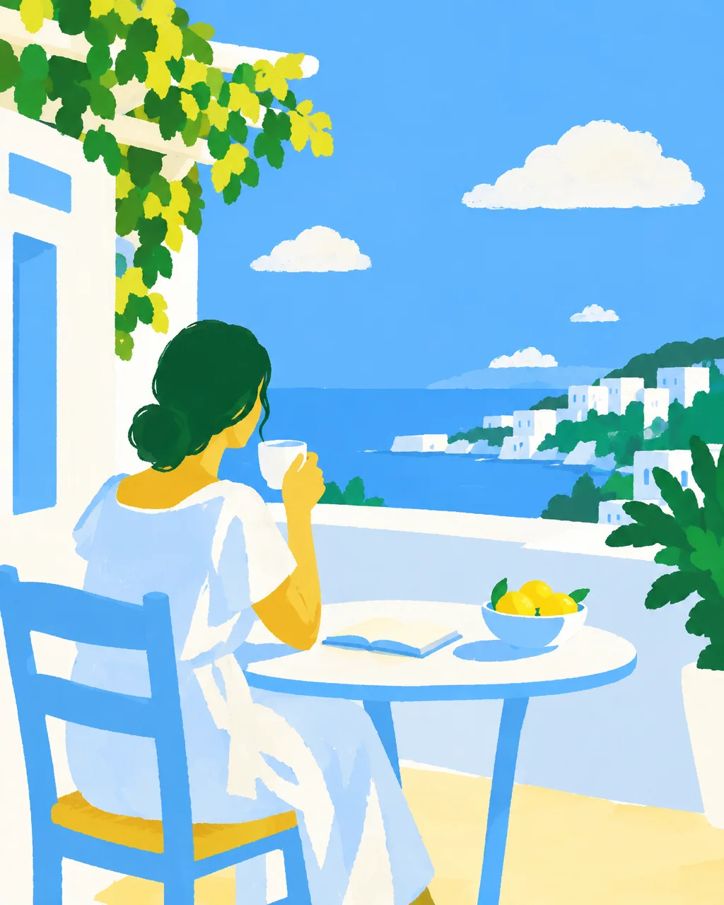 An illustration of a woman drinking coffee on a sunlit seaside terrace overlooking blue water and whitewashed coastal houses.