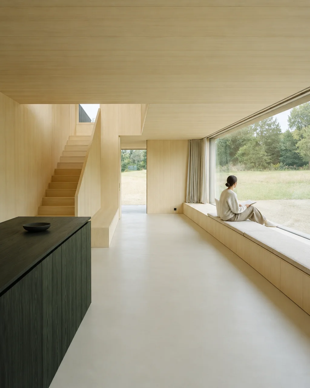 A woman sits on a long window bench reading inside a minimalist, light wood-paneled modern interior overlooking a lush meadow.