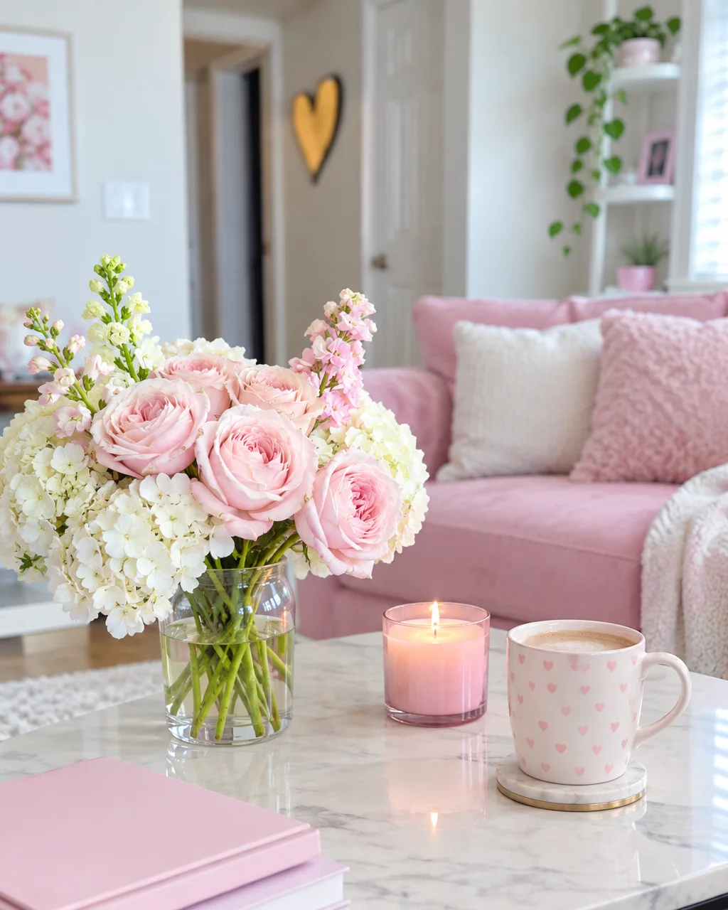 A bouquet of pink roses and white hydrangeas on a marble table beside a lit candle, coffee mug, and pink sofa.
