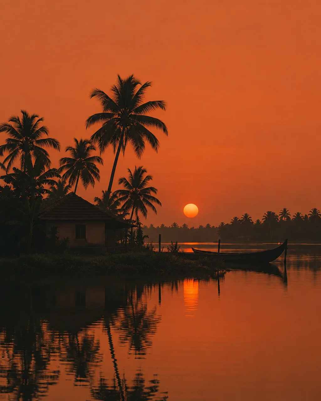 Silhouetted palm trees, a riverside cottage, and a moored canoe against a glowing deep orange sunset reflected on still water.