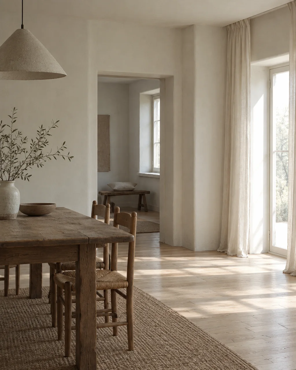 A rustic wooden dining table and chairs in a minimalist interior with textured plaster walls and soft window light.