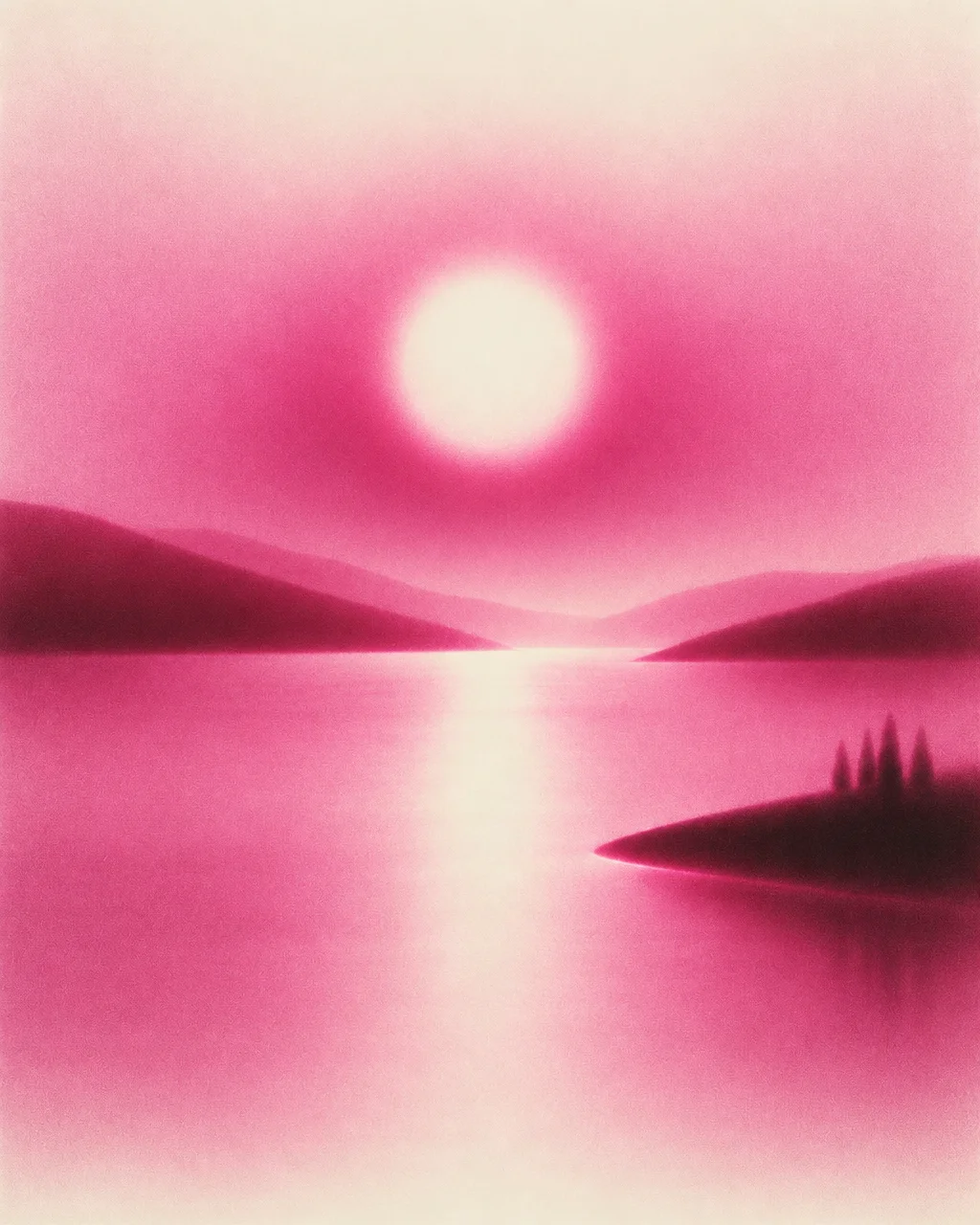A soft airbrushed landscape in shades of magenta showing a glowing sun reflected on a calm lake surrounded by smooth hills.