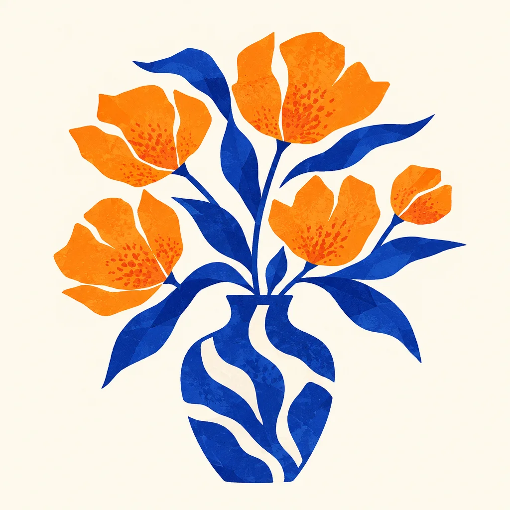 A graphic collage-style illustration of vibrant orange flowers and royal blue leaves in a patterned blue vase against a cream background.
