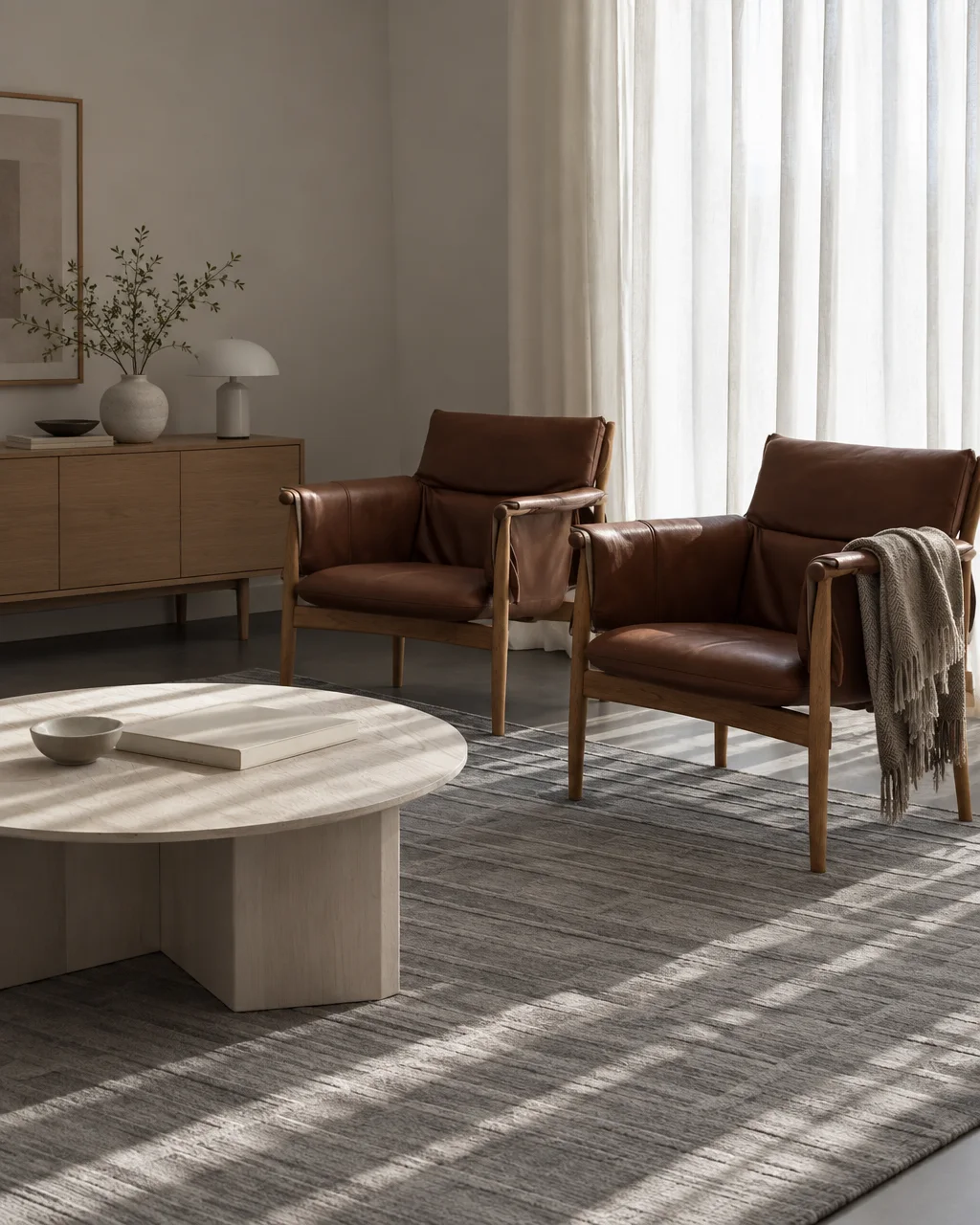 Two brown leather armchairs paired with a low round coffee table and textured rug in a bright, tranquil living space.