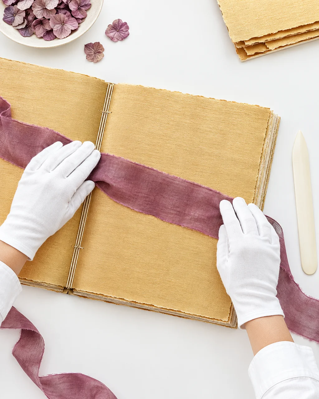 Hands in white cotton gloves smooth a dusty rose ribbon across an open, textured handmade book with deckle-edge pages.