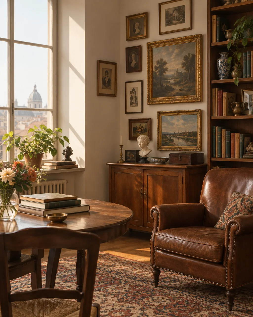 Sunlight streams across a classic study furnished with a worn leather armchair, framed landscape paintings, a wooden table, and a view of historic rooftops.