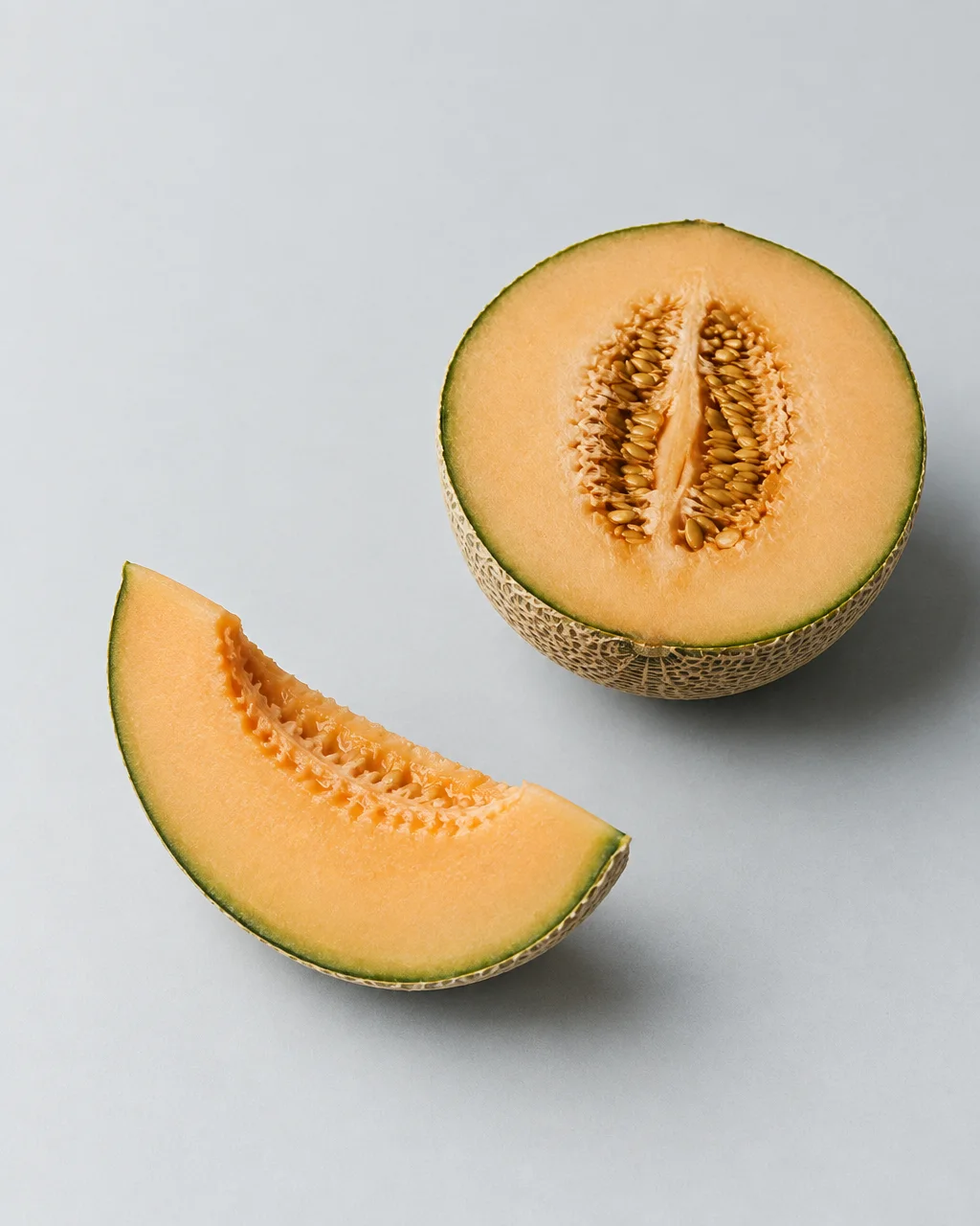 A halved cantaloupe melon filled with seeds resting beside a single cut wedge against a minimal grey background.