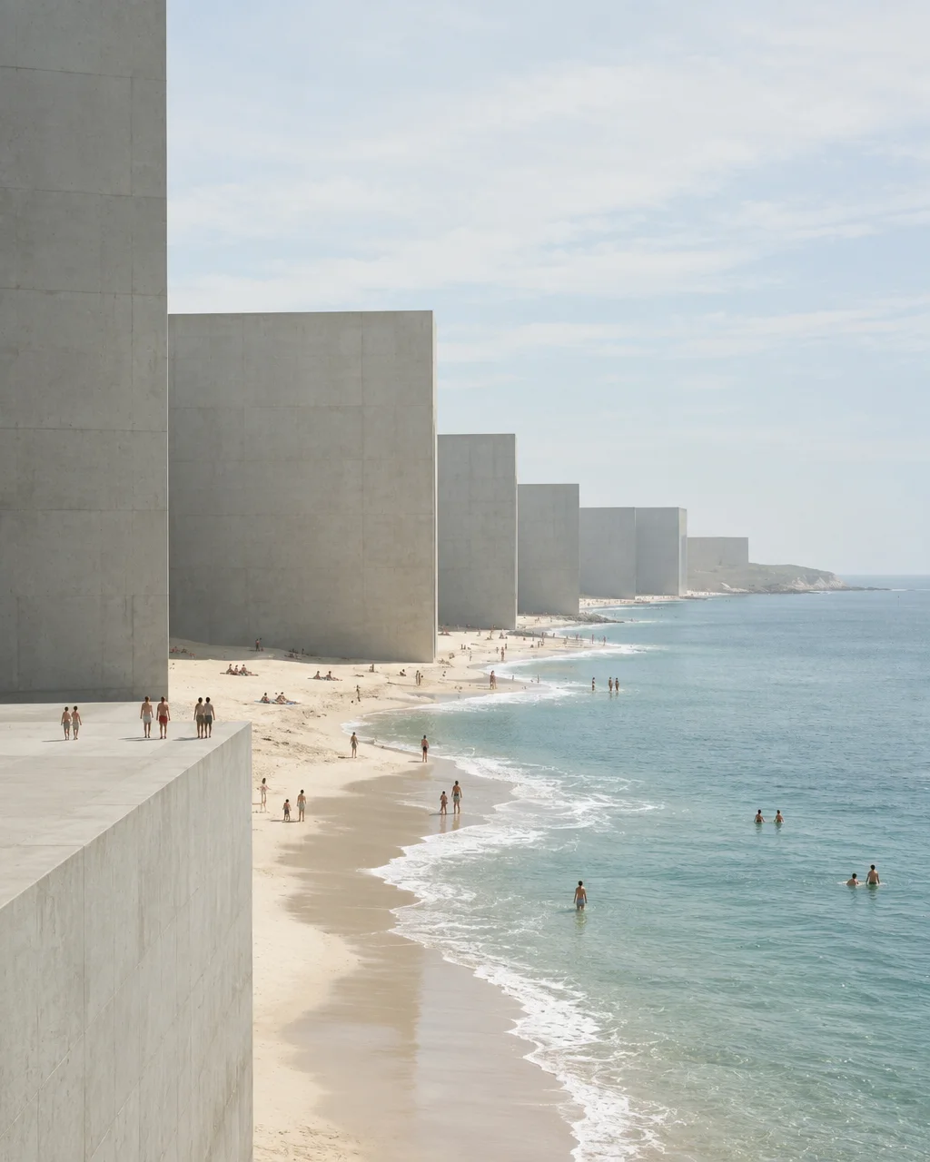 Massive concrete monolithic structures rise along a sunlit sandy shoreline with distant swimmers and beachgoers.