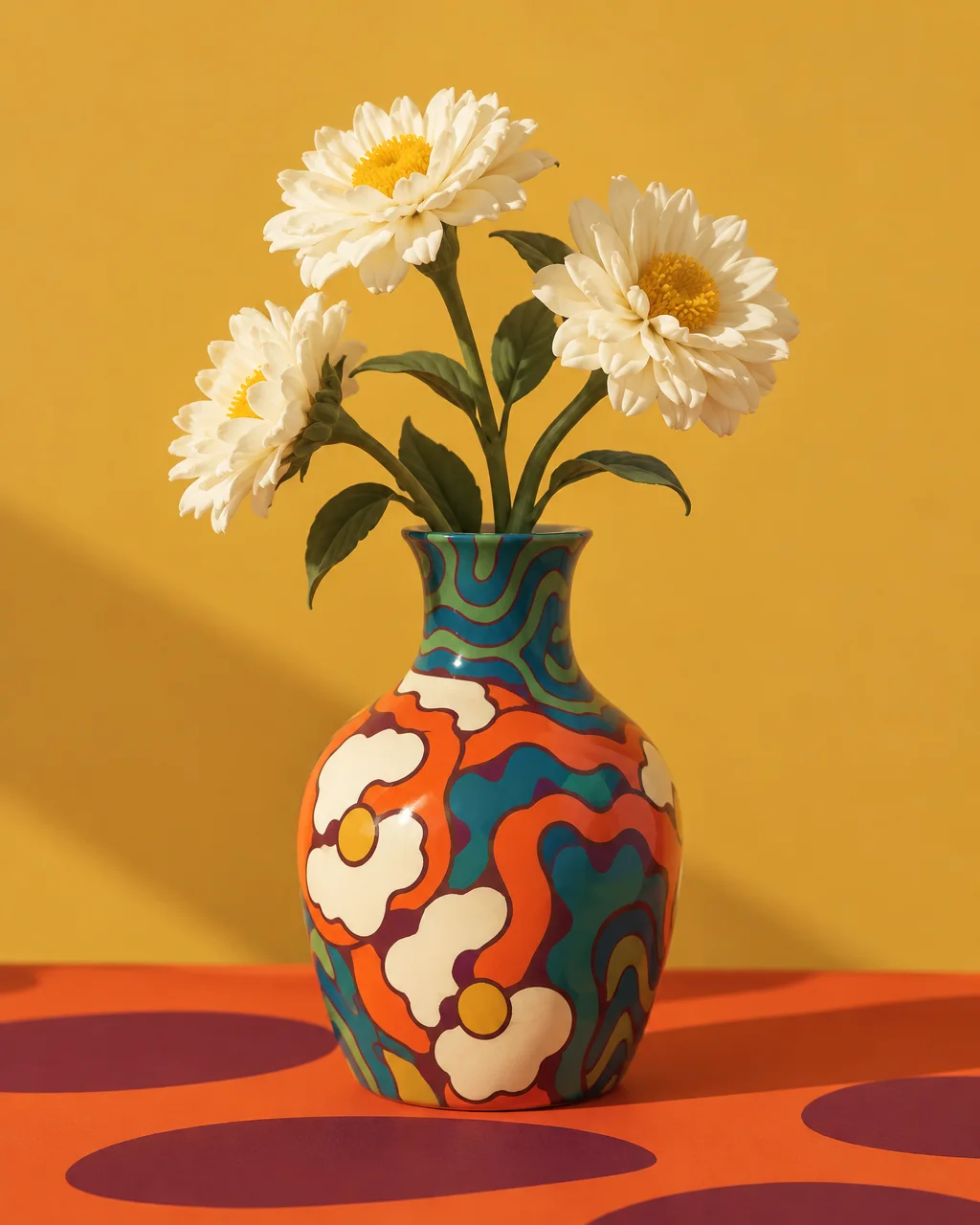 Three white daisies stand in a brightly patterned ceramic vase set against a warm yellow studio backdrop.