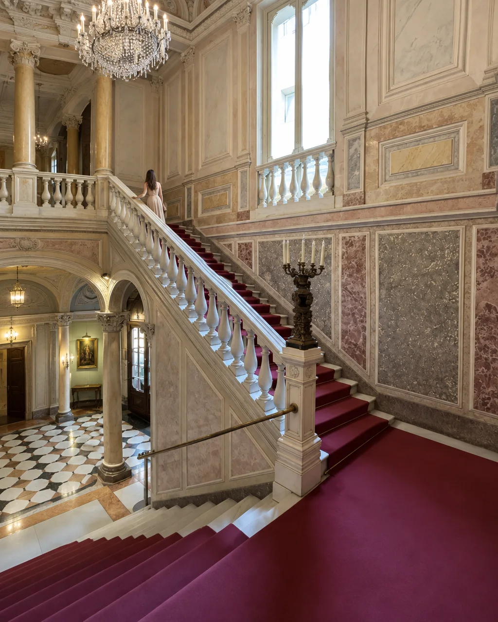 A woman ascends an opulent marble staircase lined with a crimson carpet inside a grand classical interior.