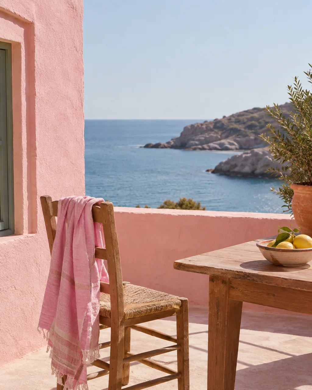 A rustic wooden chair and a bowl of lemons on a pink stucco terrace overlooking a calm blue sea and rocky coast.