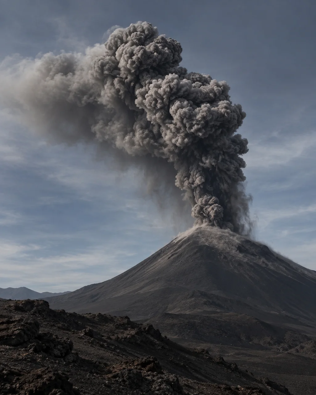 A towering column of dense volcanic ash and smoke billows violently above a rugged, desolate mountain cone into a cloudy sky.
