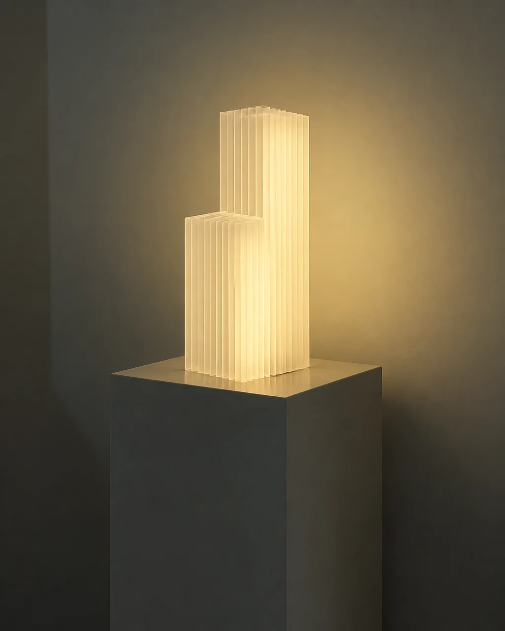 A minimalist sculpture of vertical translucent slats radiates warm light atop a square pedestal in a dimly lit studio space.