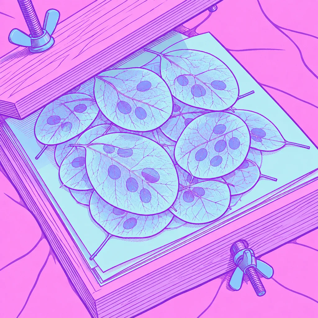 A neon-toned illustration of translucent honesty seed pods resting inside an open wooden flower press on sheets of paper.