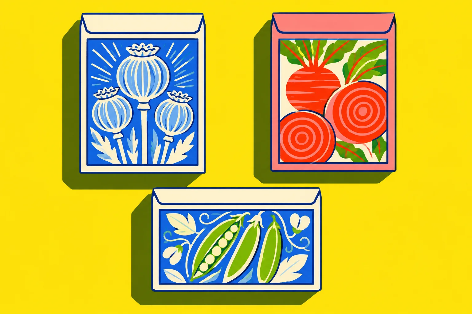 Three illustrated vintage-style seed packets displaying poppy heads, radishes, and pea pods against a bold yellow background.