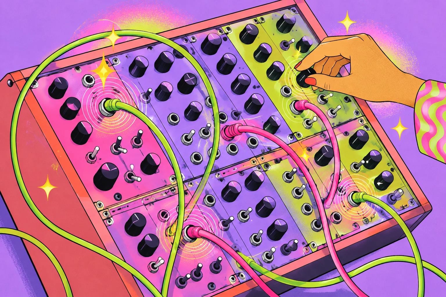 A vibrant pop illustration of a hand adjusting knobs on a modular synthesizer patched with neon cables.