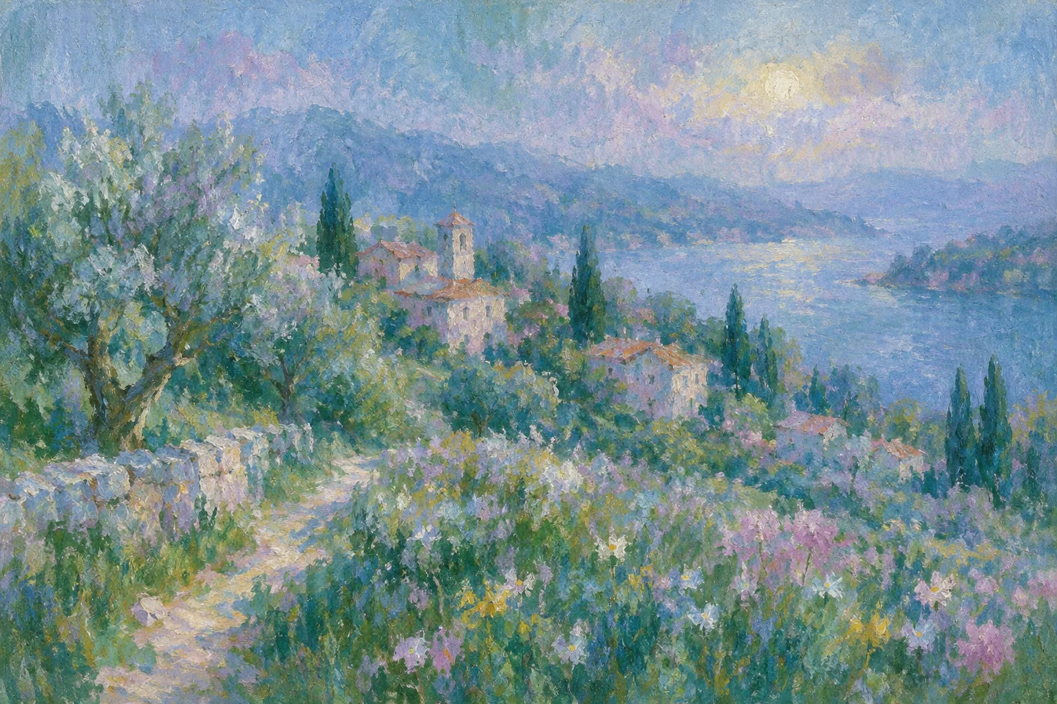 An impressionist oil painting of a sunlit hillside path lined with wildflowers and cypress trees overlooking a coastal village and sea.